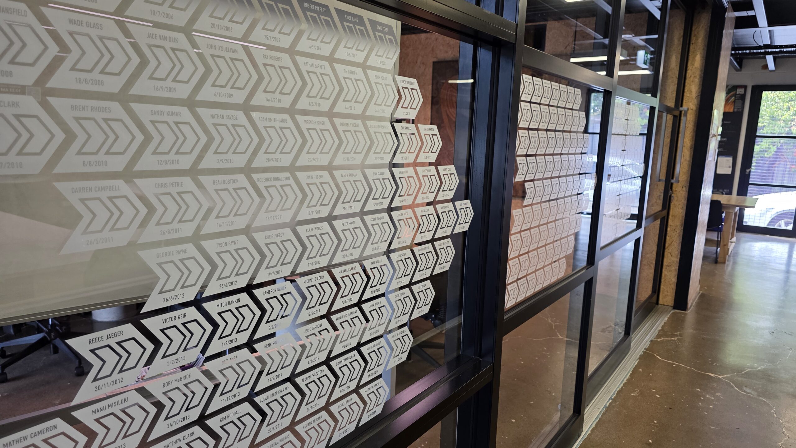 Young Guns boardroom wall recognising employees with 5 and 10 years of career service